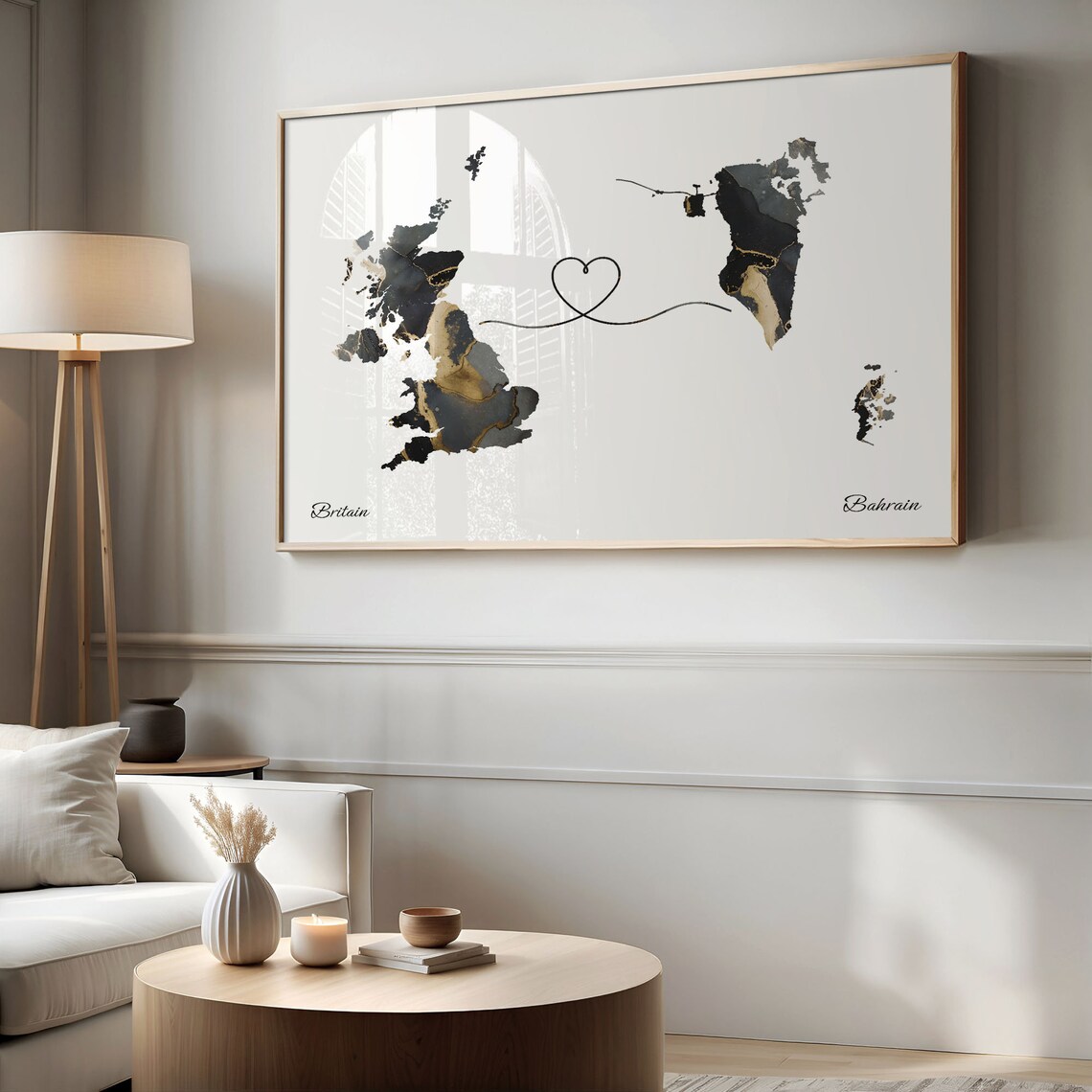 Britain to Bahrain Heart Connected Long Distance Marble Map Poster - Image 2