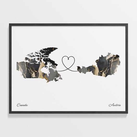 Canada Austria Long Distance Love Black Marble Heart Map Poster