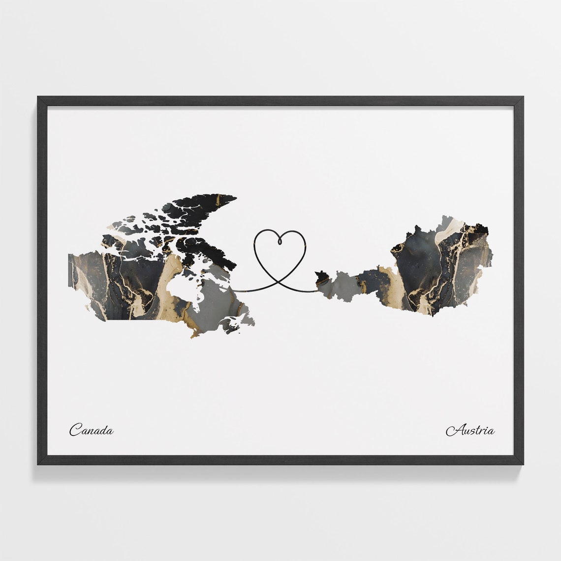 Canada Austria Long Distance Love Black Marble Heart Map Poster