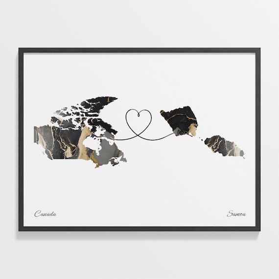 Canada To Samoa Black Gold Marble Long Distance Heart Map Poster