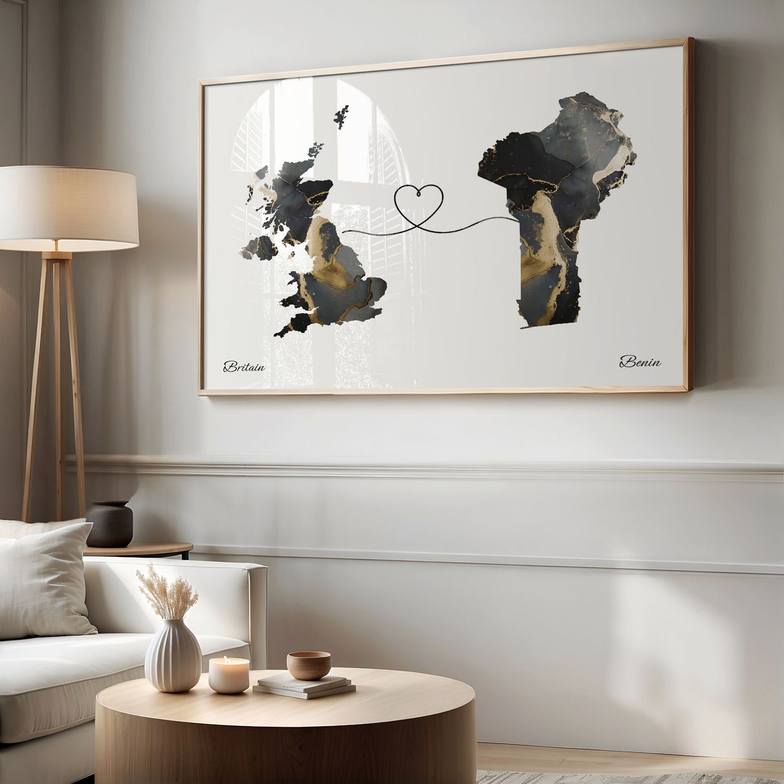 Britain to Benin Heart Connected Long Distance Marble Map Poster - Image 2