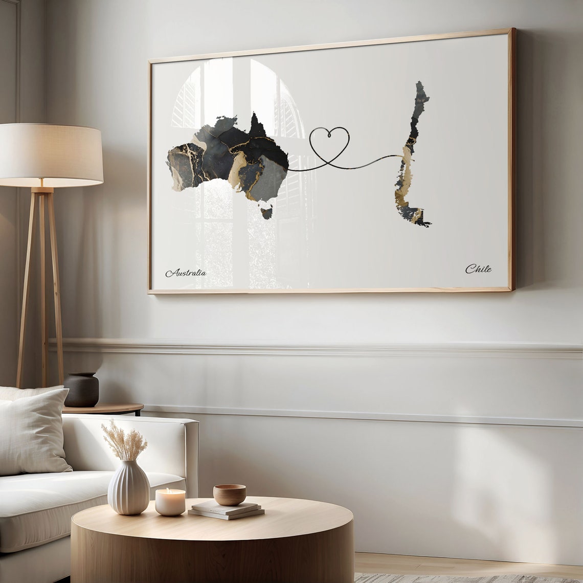 Australia and Chile Two Countries Black Gold Marble Map Poster - Image 2