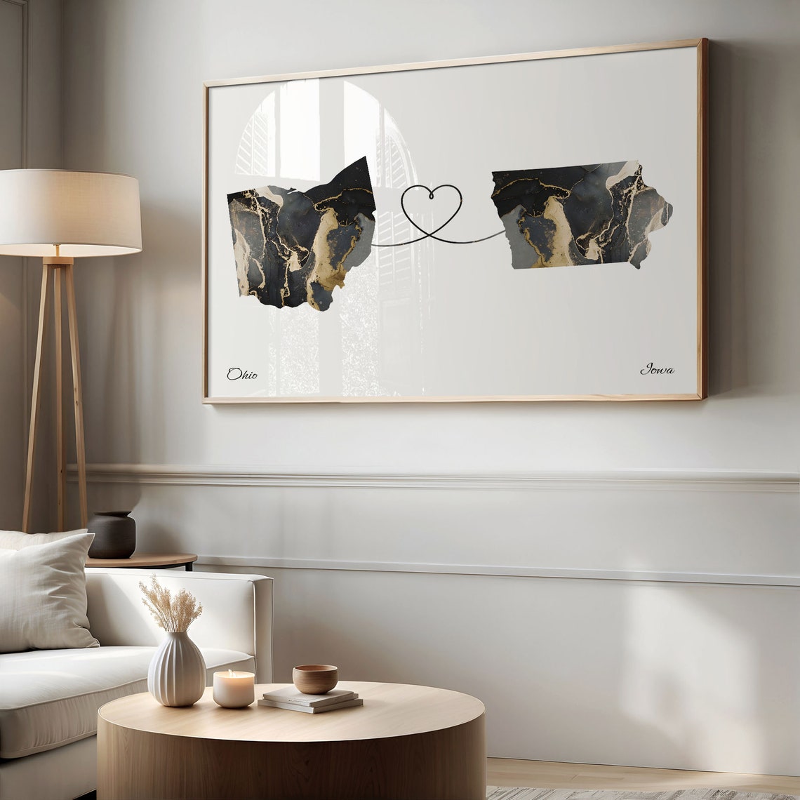 Ohio Iowa Long Distance Black Gold Marble Heart Keepsake Map Poster - Image 2