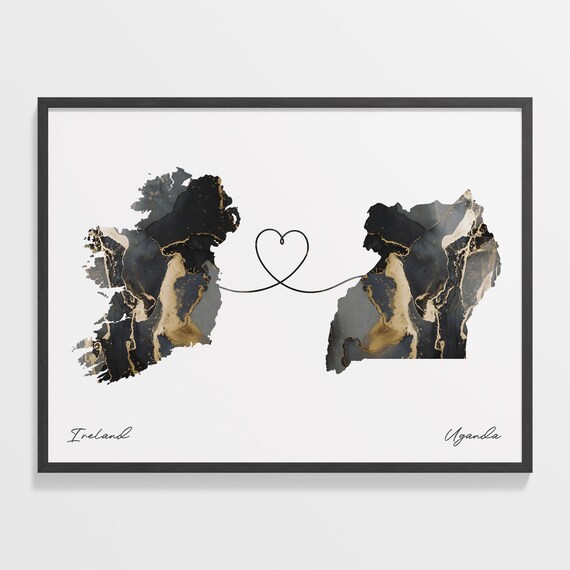 Ireland and Uganda Black and Gold Marble Heart Map Connection Poster