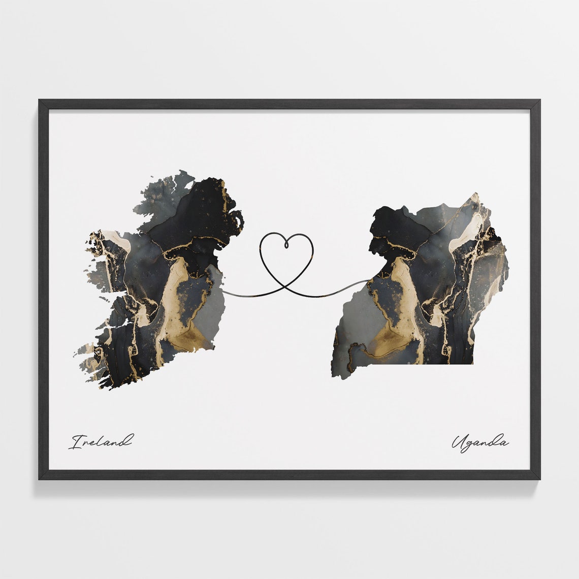 Ireland and Uganda Black and Gold Marble Heart Map Connection Poster