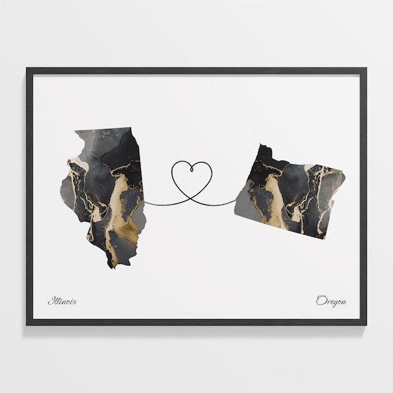 Long Distance Illinois to Oregon Heart Connection Marble Map Poster
