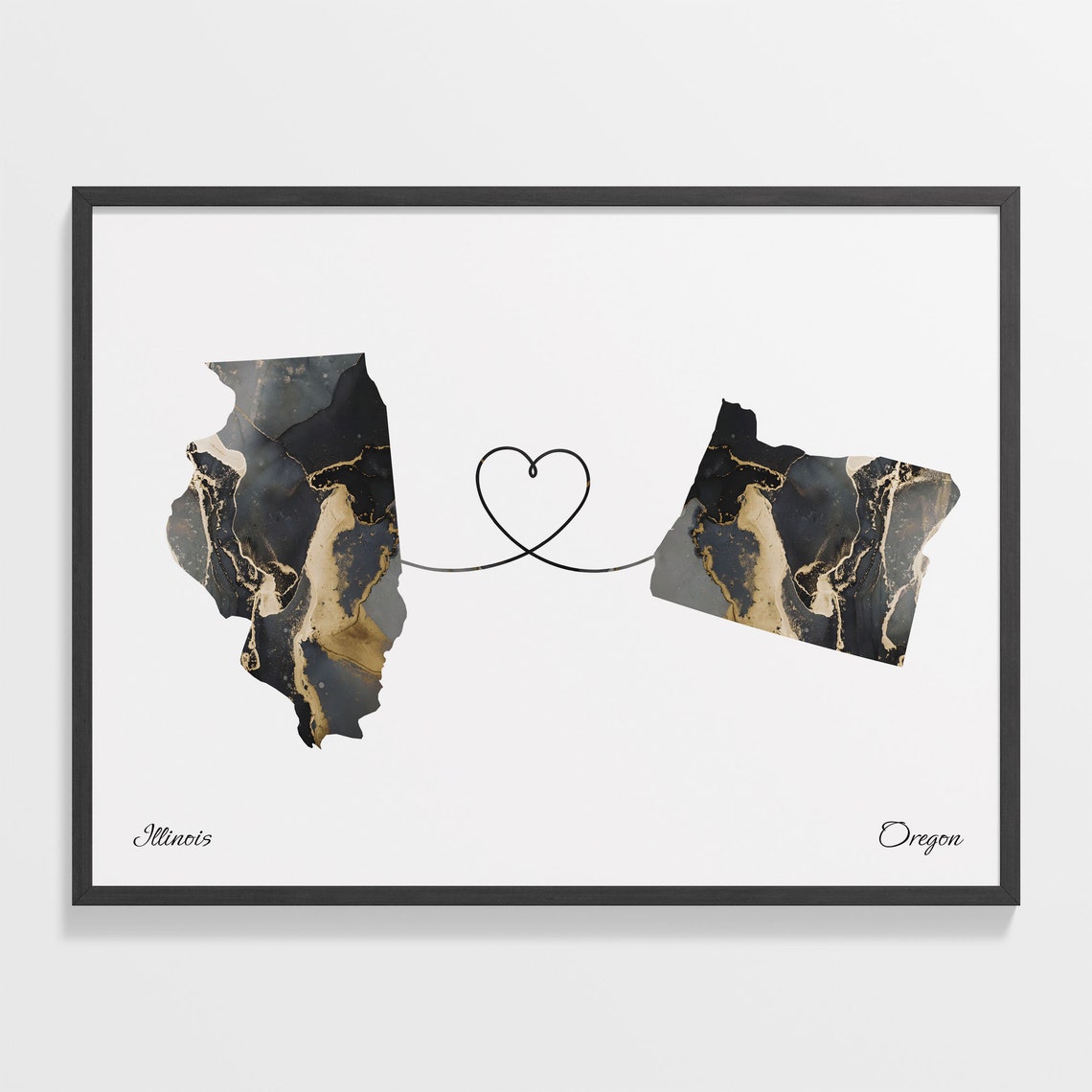 Long Distance Illinois to Oregon Heart Connection Marble Map Poster