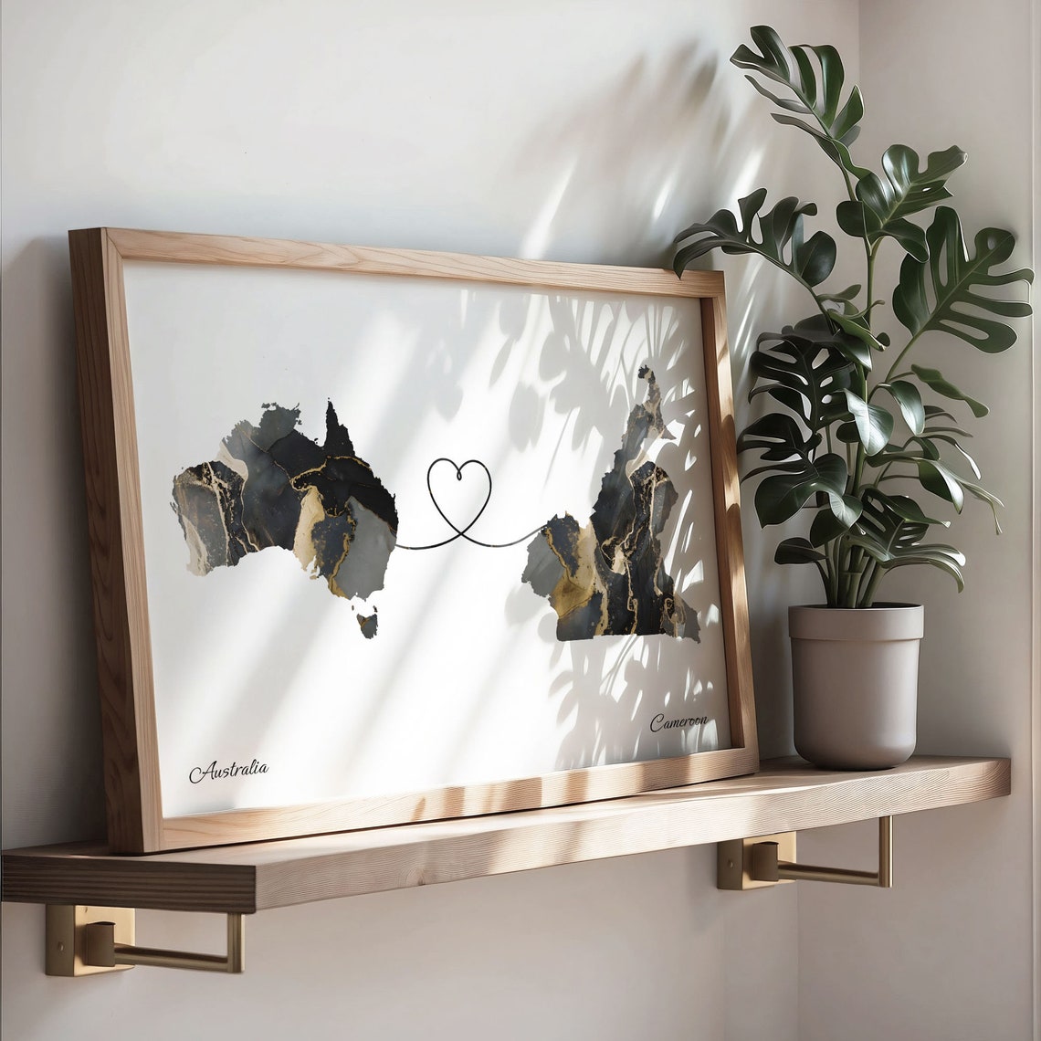 Australia To Cameroon Black Gold Marble Long Distance Heart Map Poster - Image 3