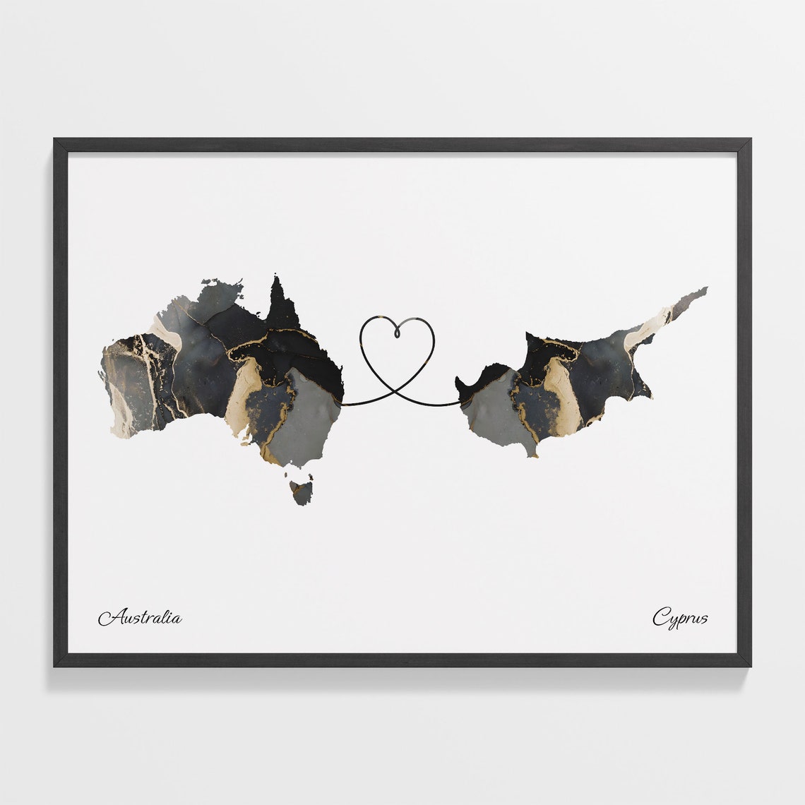 Australia and Cyprus Black Marble Heart Connection Map Poster