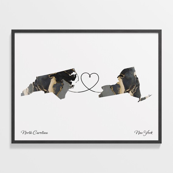North Carolina New York Long Distance Love Black Gold Marble Map Poster