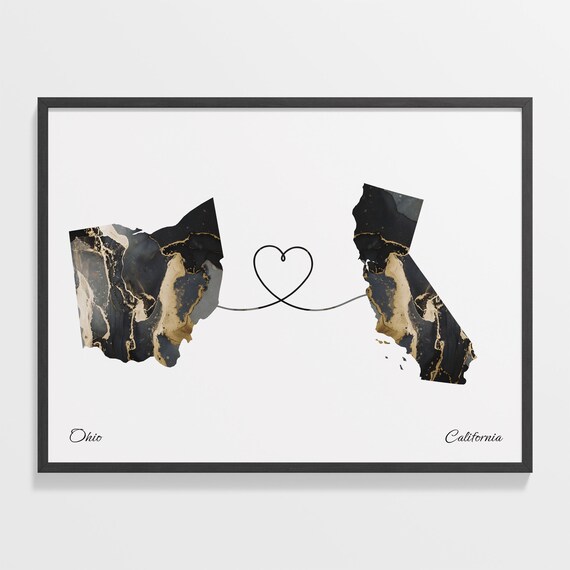 Ohio To California Marble Map Heart Print Long Distance Gift