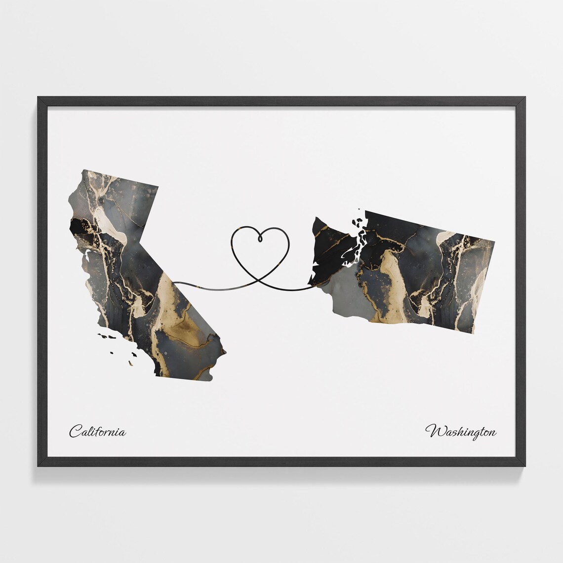 California to Washington Black Gold Marble Map Heart Line Art Poster
