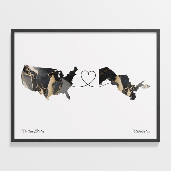 United States To Uzbekistan Marble Map Heart Poster Long Distance Love Gift