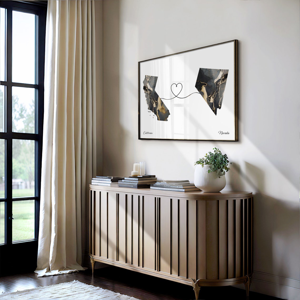 California to Nevada Black Gold Marble Map Heart Line Art Poster - Image 4