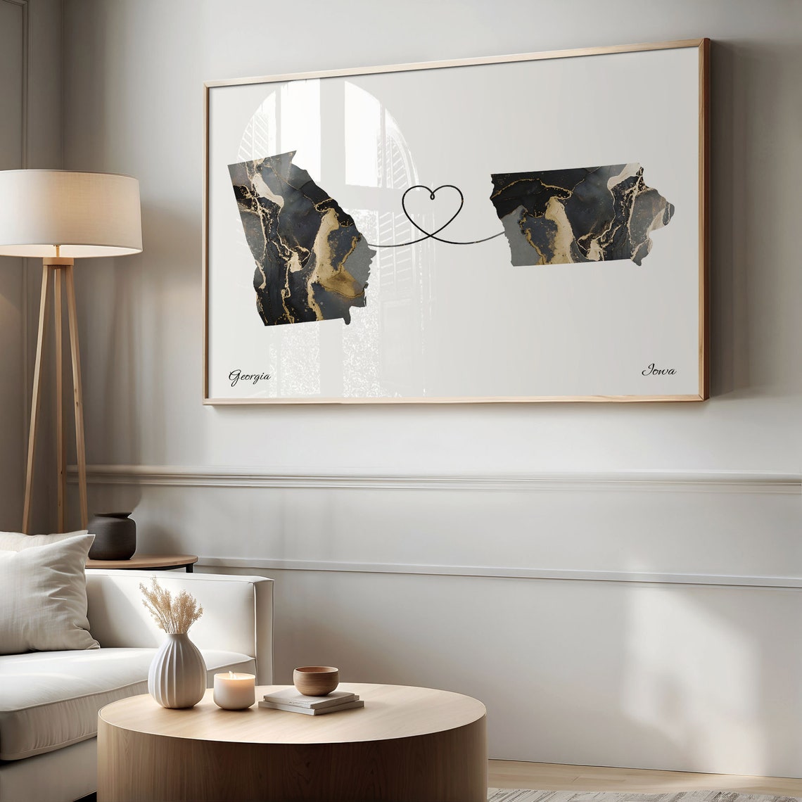 Georgia Iowa Long Distance Black Gold Marble Heart Map Poster - Image 2