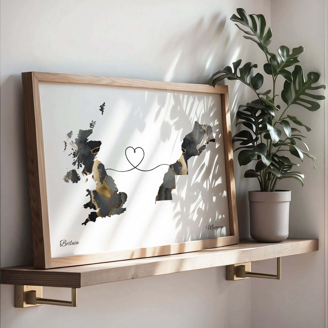 Britain to Morocco Marble Heart Map Print Long Distance Couple Gift - Image 3