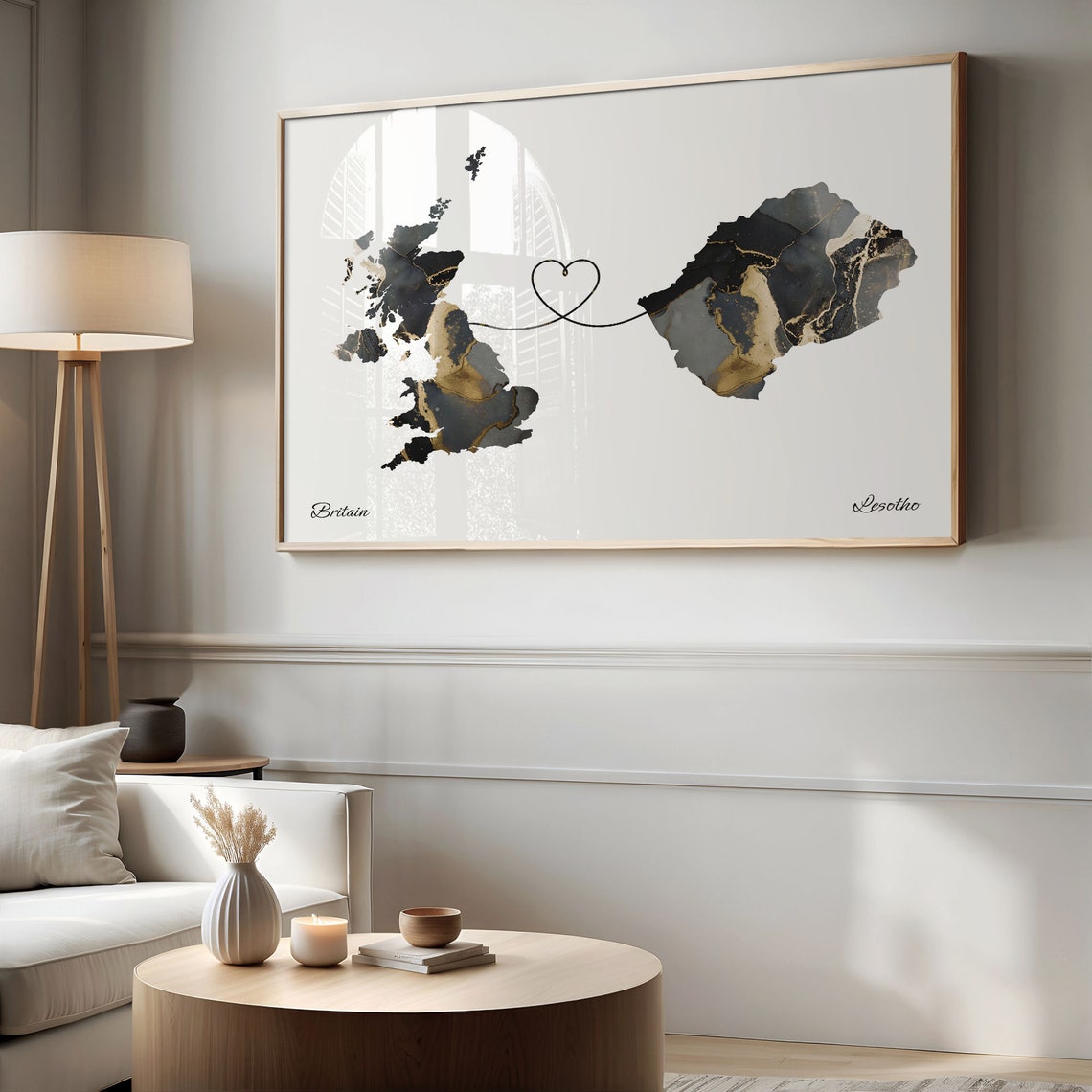 Britain to Lesotho Heart Connected Long Distance Marble Map Poster - Image 2