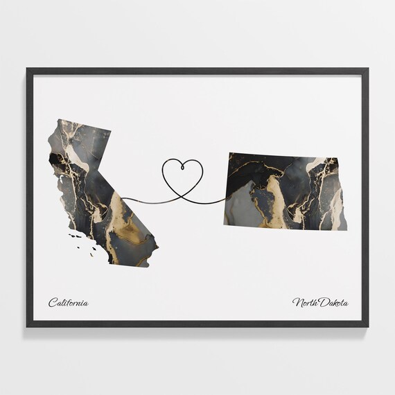 California to North Dakota Black Gold Marble Map Heart Line Art Poster