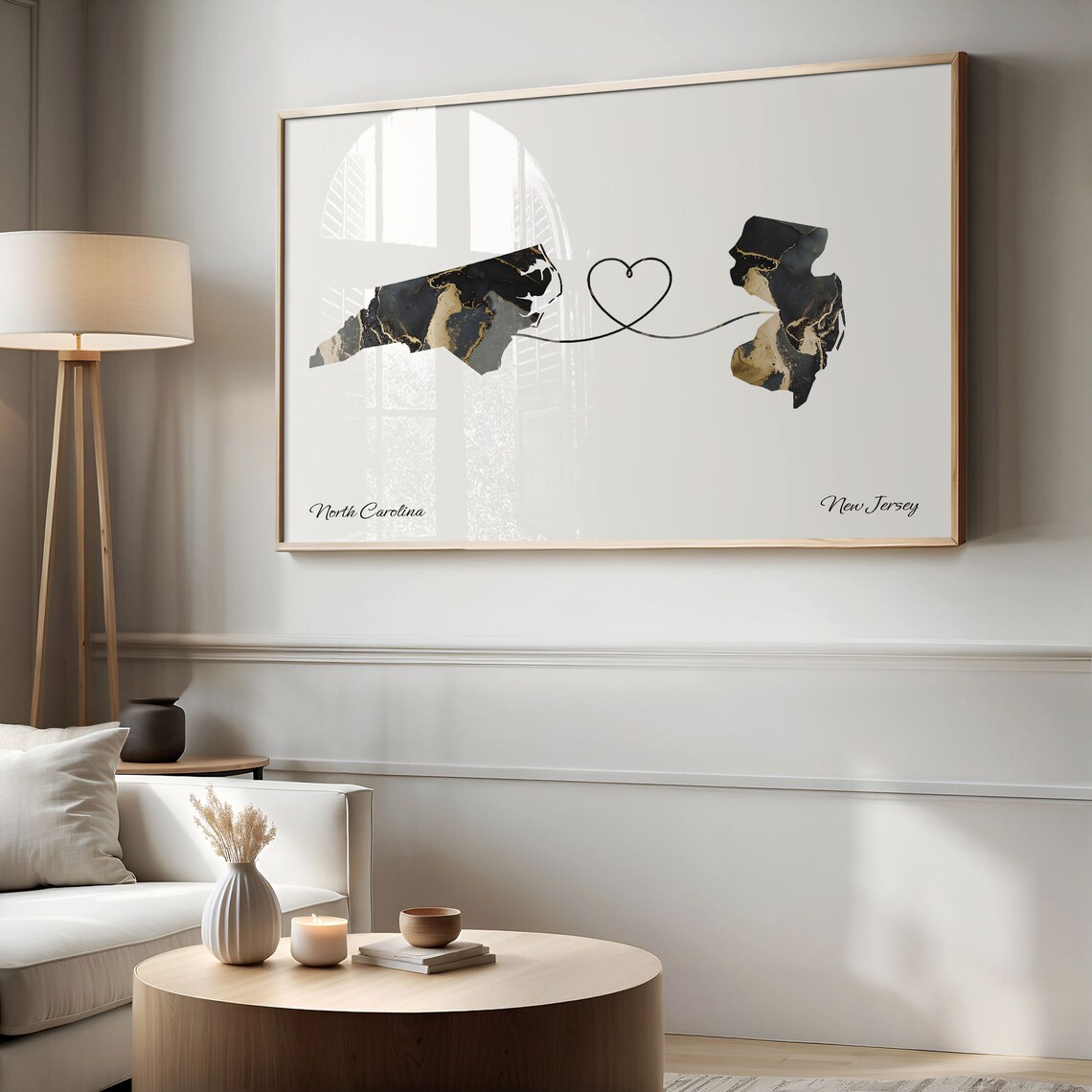 North Carolina New Jersey Long Distance Black Gold Marble Heart Map Poster - Image 2