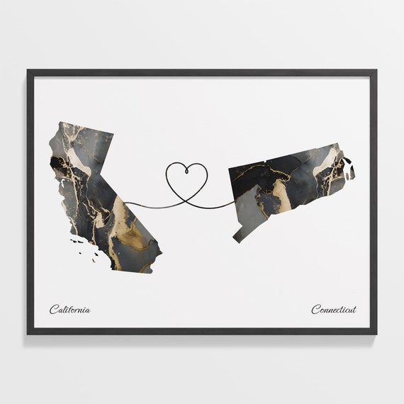 California To Connecticut Print Connecticuter Gift Marble Two Countries Map Poster Travel Art New Home Gift C22 1201