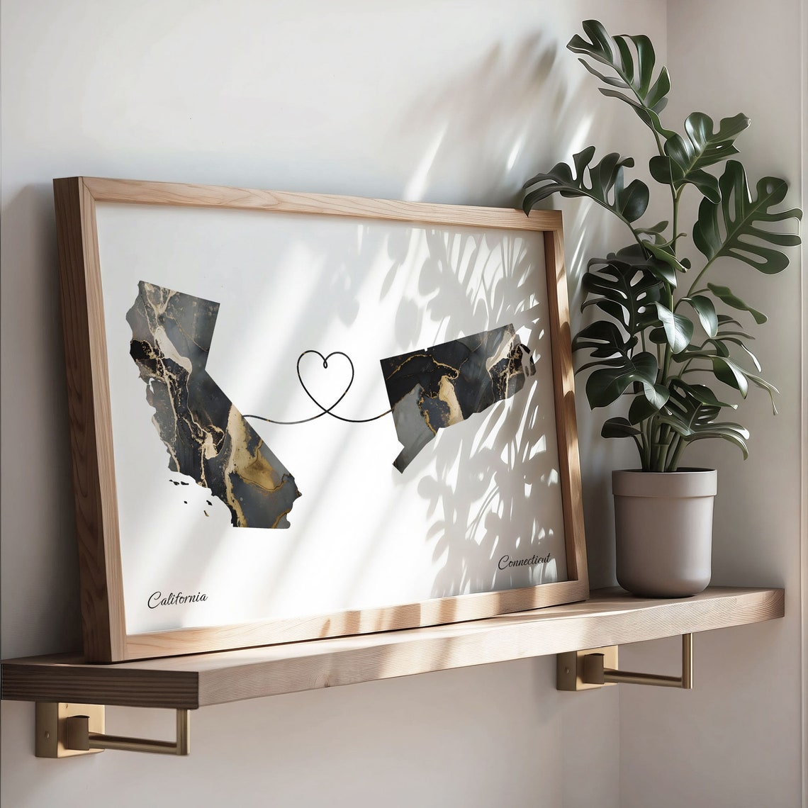California to Connecticut Black Gold Marble Map Heart Line Art Poster - Image 4