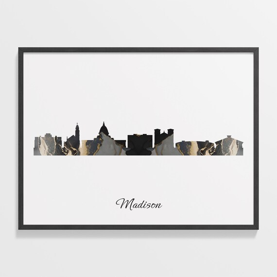 Madison Skyline Black Gold Marble Cityscape United States Travel Decor Poster
