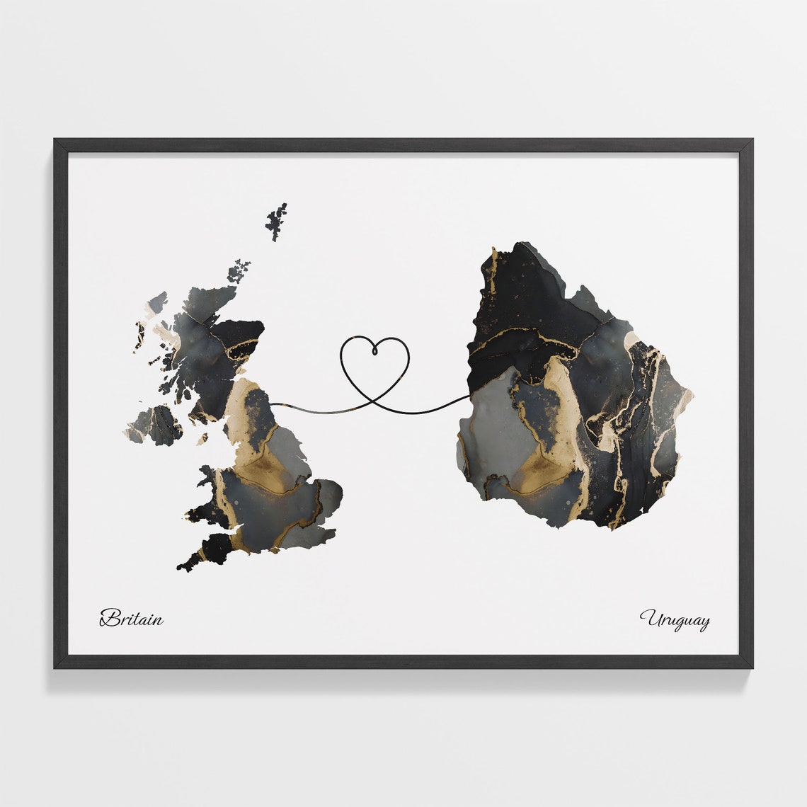 Britain and Uruguay Black Gold Marble Two Country Love Map Poster