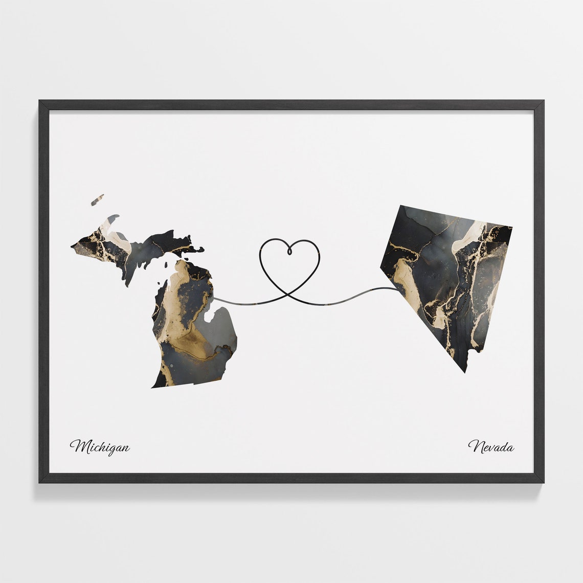 Long Distance Michigan to Nevada Heart Connection Marble Map Poster