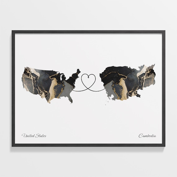 United States and Cambodia Black Gold Marble Two Country Love Map Poster