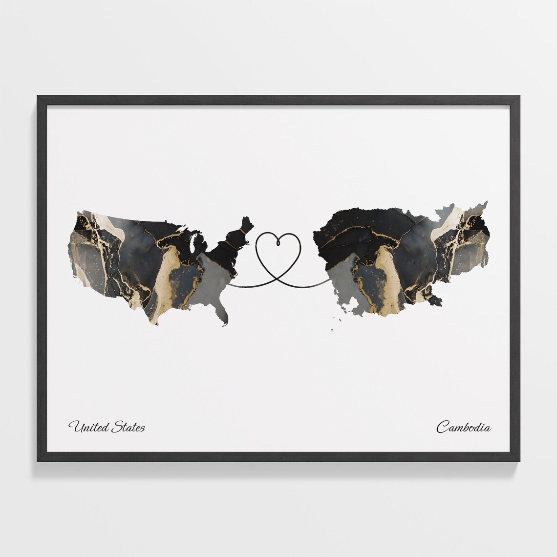 United States and Cambodia Black Gold Marble Two Country Love Map Poster