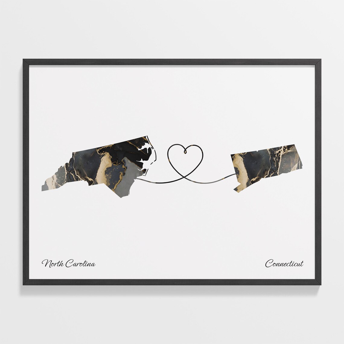 North Carolina to Connecticut Black Marble State Map Long Distance Love Poster
