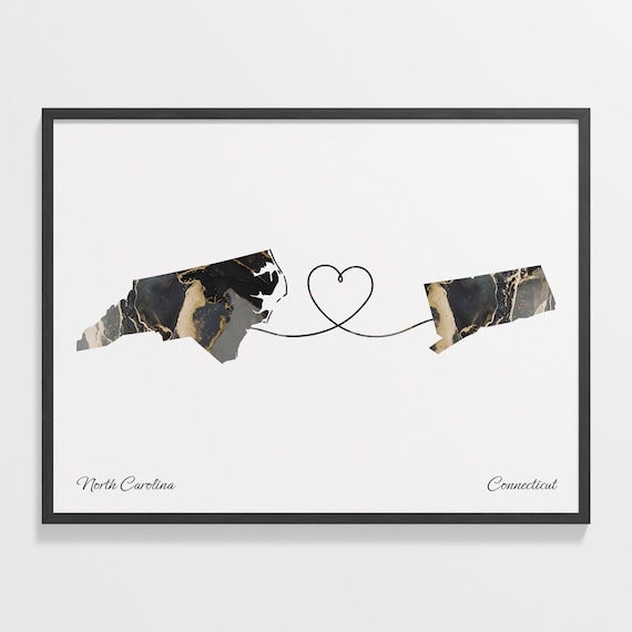 North Carolina to Connecticut Black Marble State Map Long Distance Love Poster