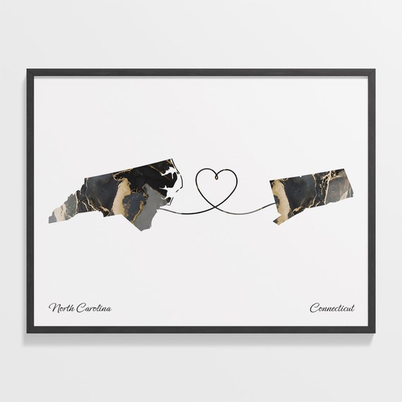 North Carolina To Connecticut Print Connecticuter Gift Marble Two Countries Map Poster Travel Art Ldr C22 1617