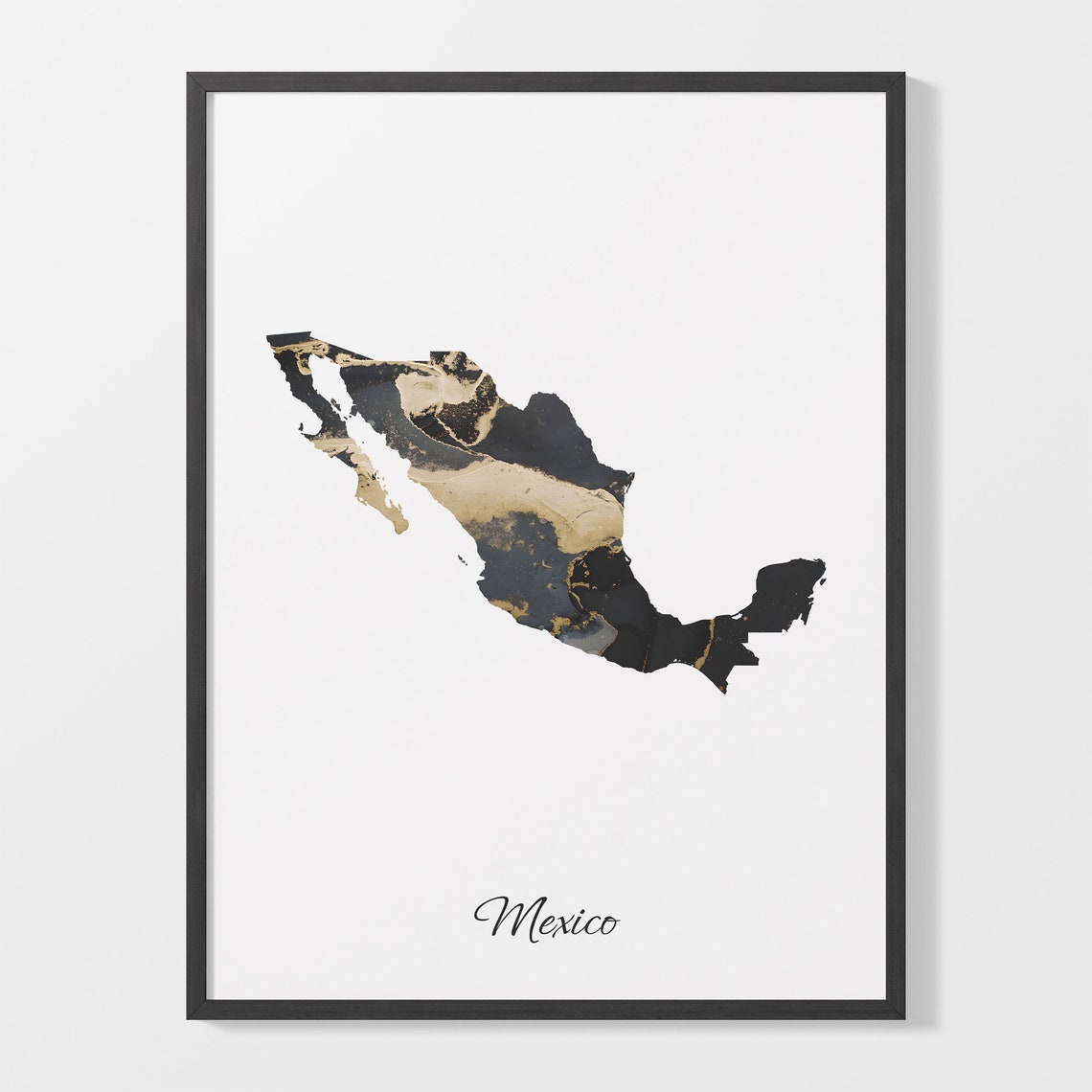 Mexico Black Gold Marble Country Map Minimalist Elegant Poster