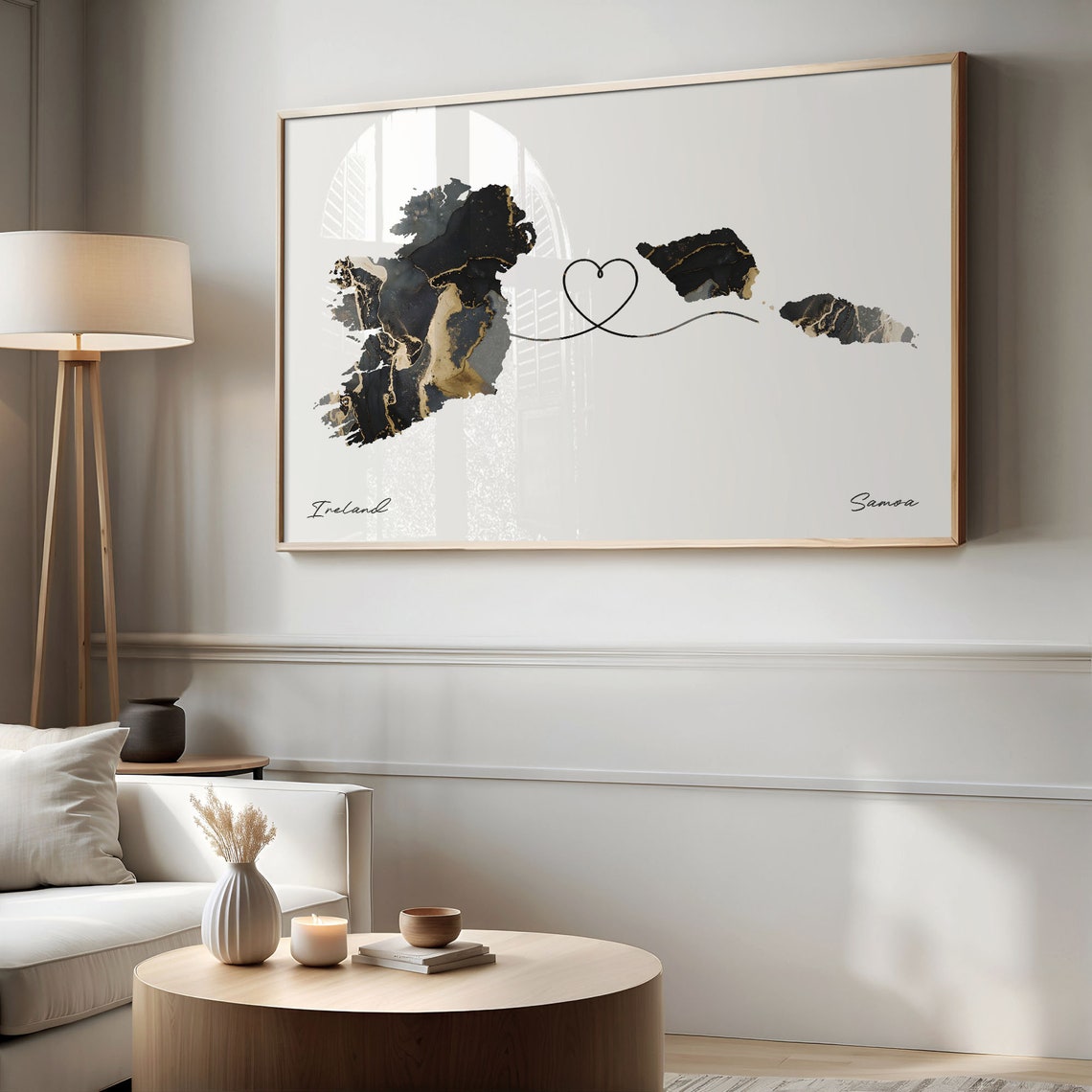Ireland To Samoa Modern Marble Effect Two Country Heart Map Poster - Image 2