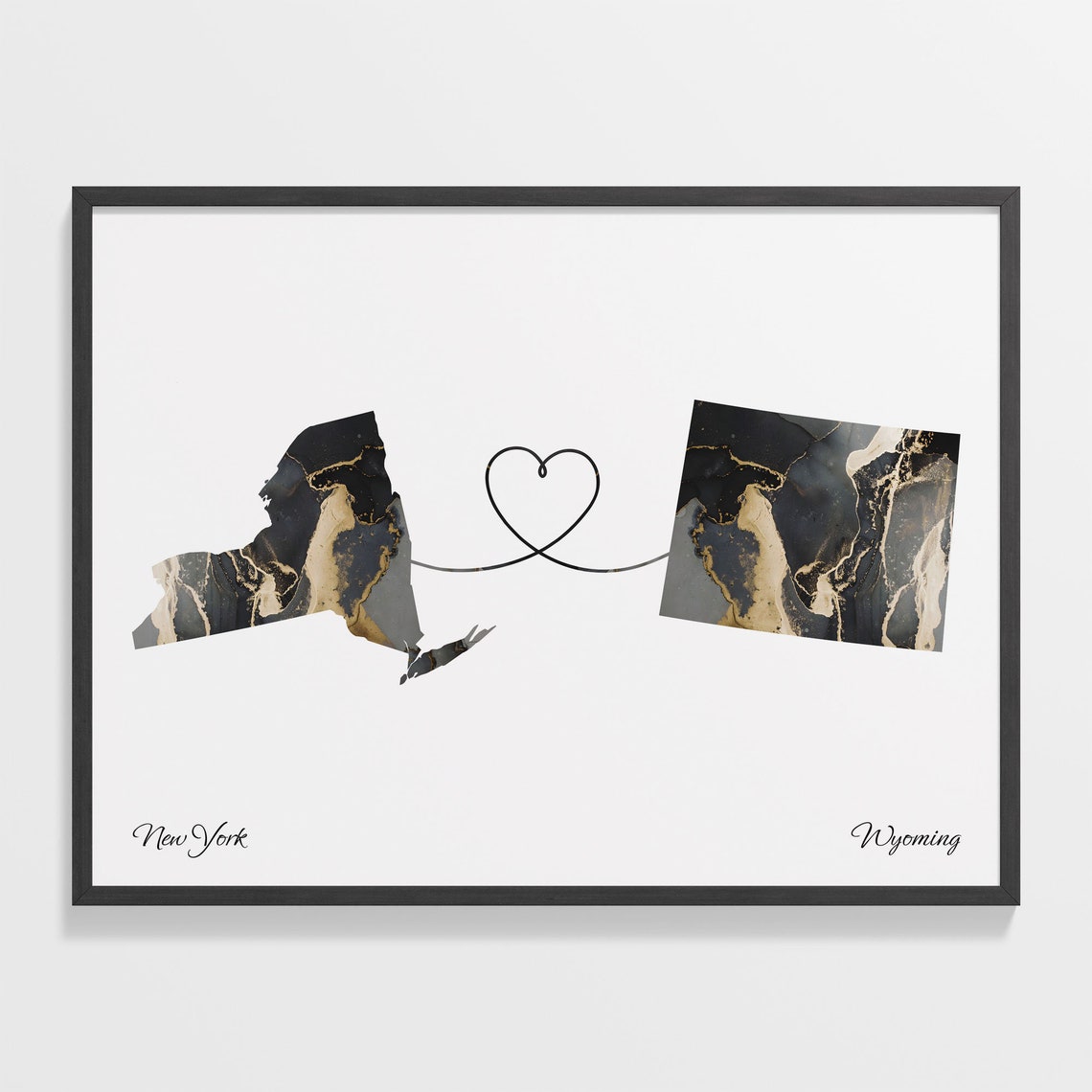 New York Wyoming Marble State Map Poster Long Distance Couples Gift
