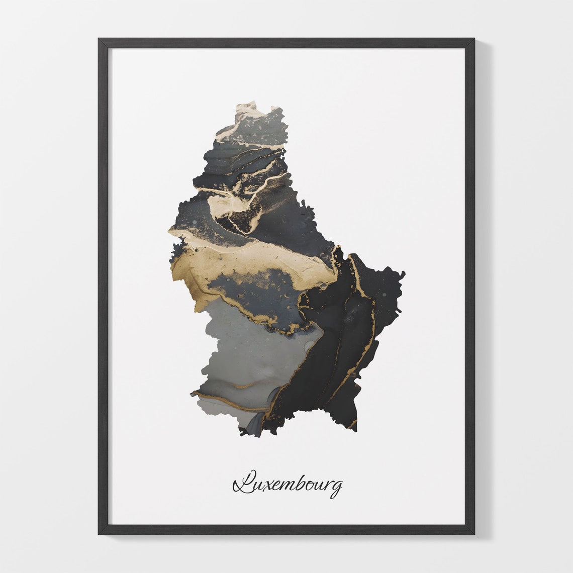 Luxembourg Modern Black Gold Marble Map Office Wall Decor Art Poster