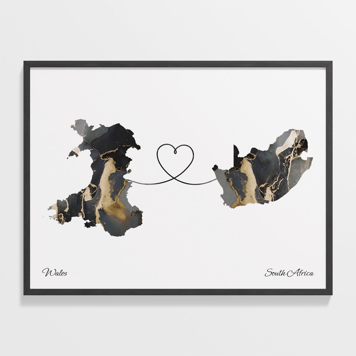 Wales To South Africa Marble Map Heart Poster Long Distance Love Gift