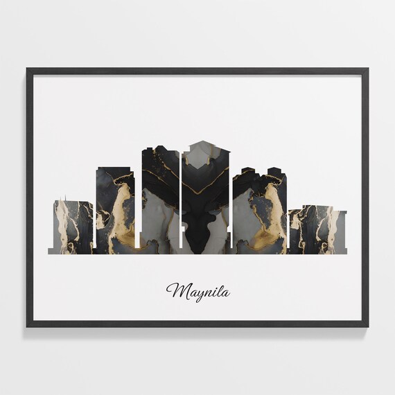 Maynila Marble Skyline Black Gold Minimalist Cityscape Poster
