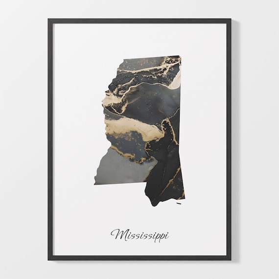 Mississippi Black And Gold Marble Map Minimalist Elegant Art Poster