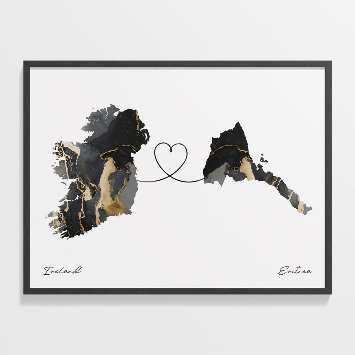 Ireland and Eritrea Black Gold Marble Map Heart Connection Poster