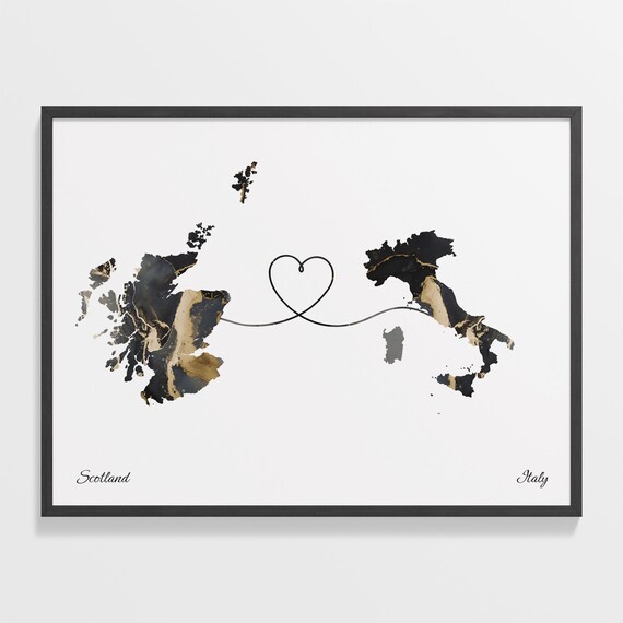 Scotland Italy Long Distance Love Black Gold Marble Map Poster