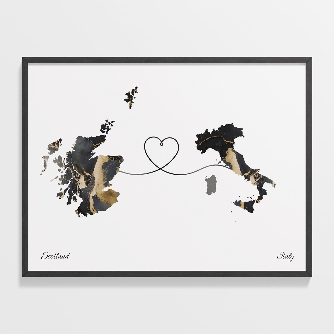 Scotland Italy Long Distance Love Black Gold Marble Map Poster
