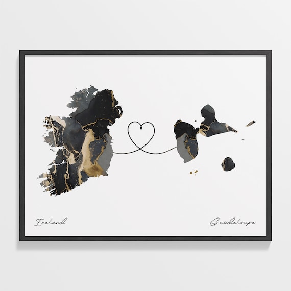 Ireland and Guadeloupe Black Gold Marble Map Heart Connection Poster
