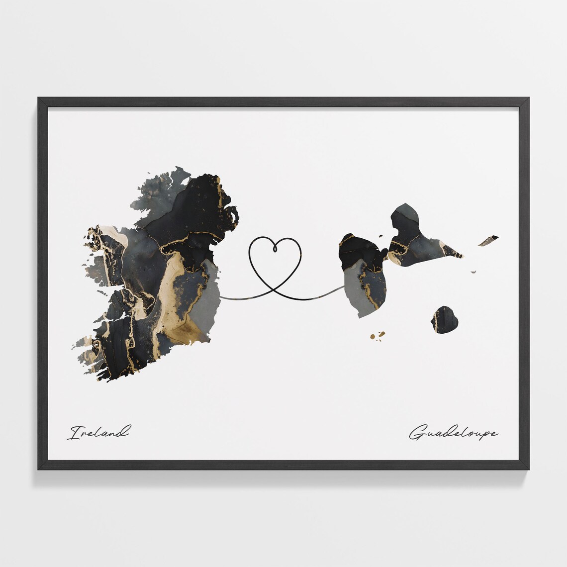 Ireland and Guadeloupe Black Gold Marble Map Heart Connection Poster