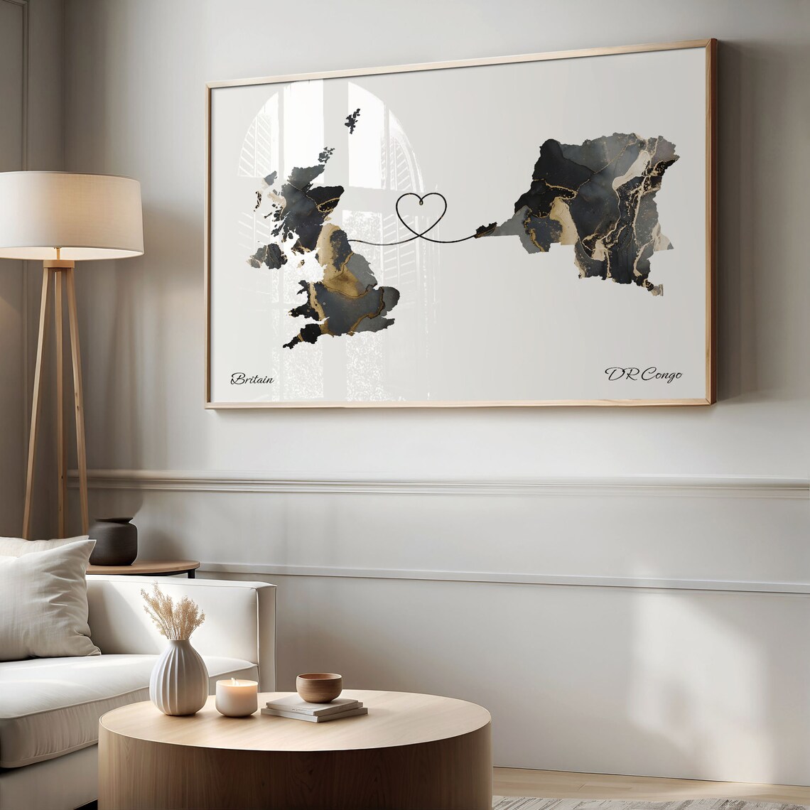 Britain to DR Congo Marble Heart Map Poster Gift for Long Distance Love - Image 2