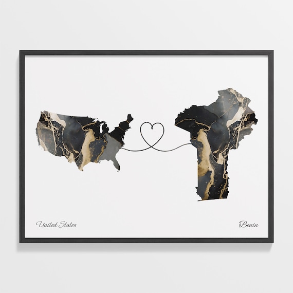 United States and Benin Marble Map Heart Long Distance Poster