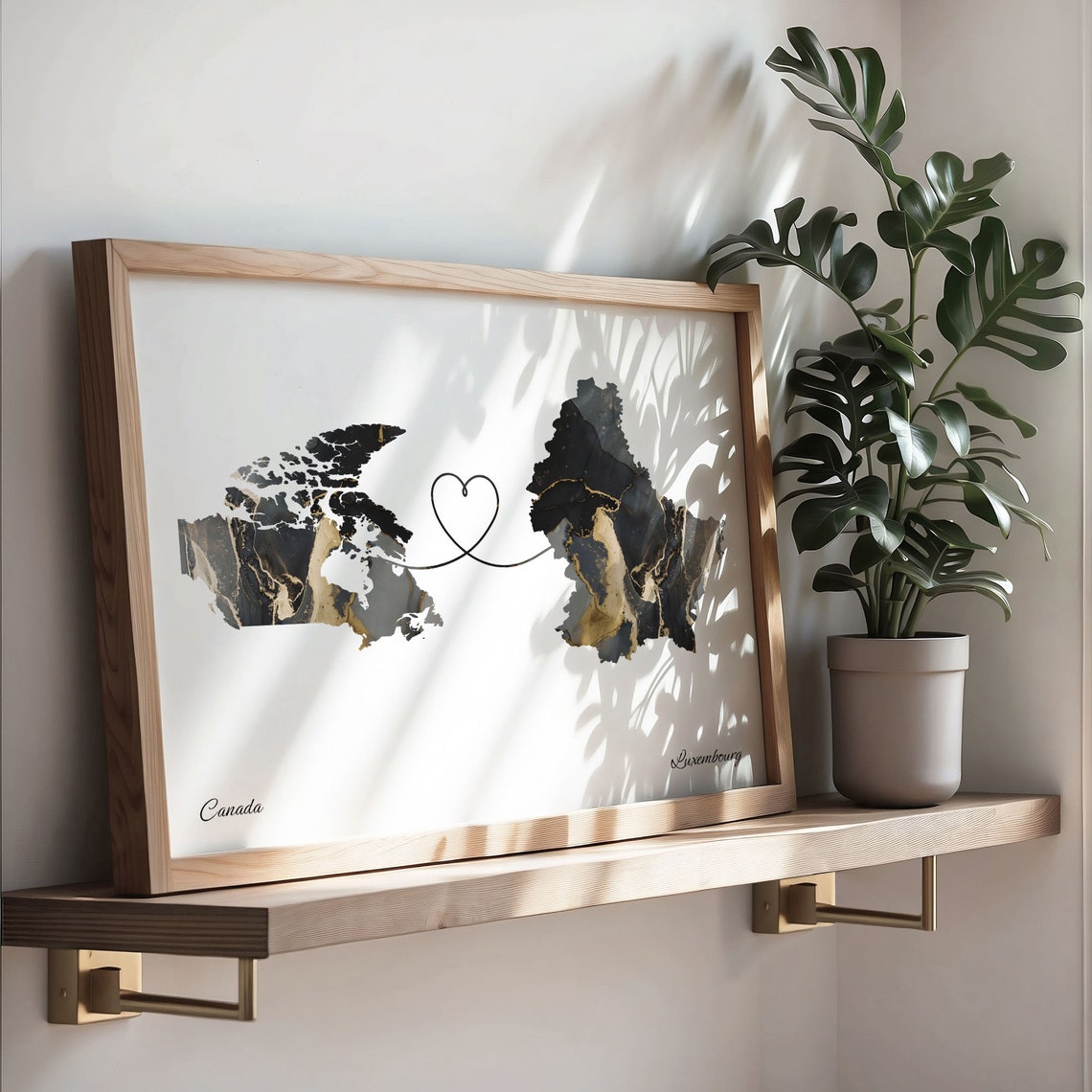 Canada to Luxembourg Black Gold Marble Heart Map Art Wall Poster - Image 3
