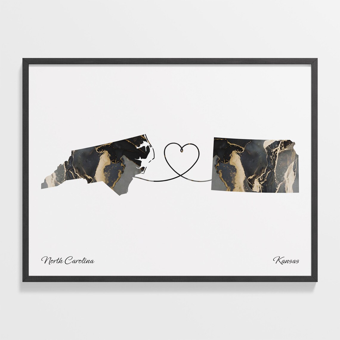 North Carolina to Kansas Black Marble State Map Long Distance Love Poster