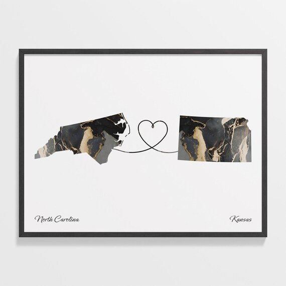 North Carolina to Kansas Black Marble State Map Long Distance Love Poster